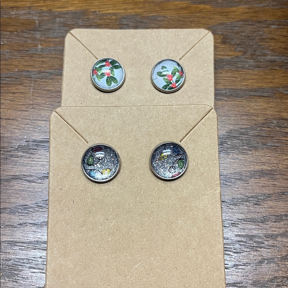 Colorful Holiday Stud Earrings with Silver Accents - set of 2, handmade
